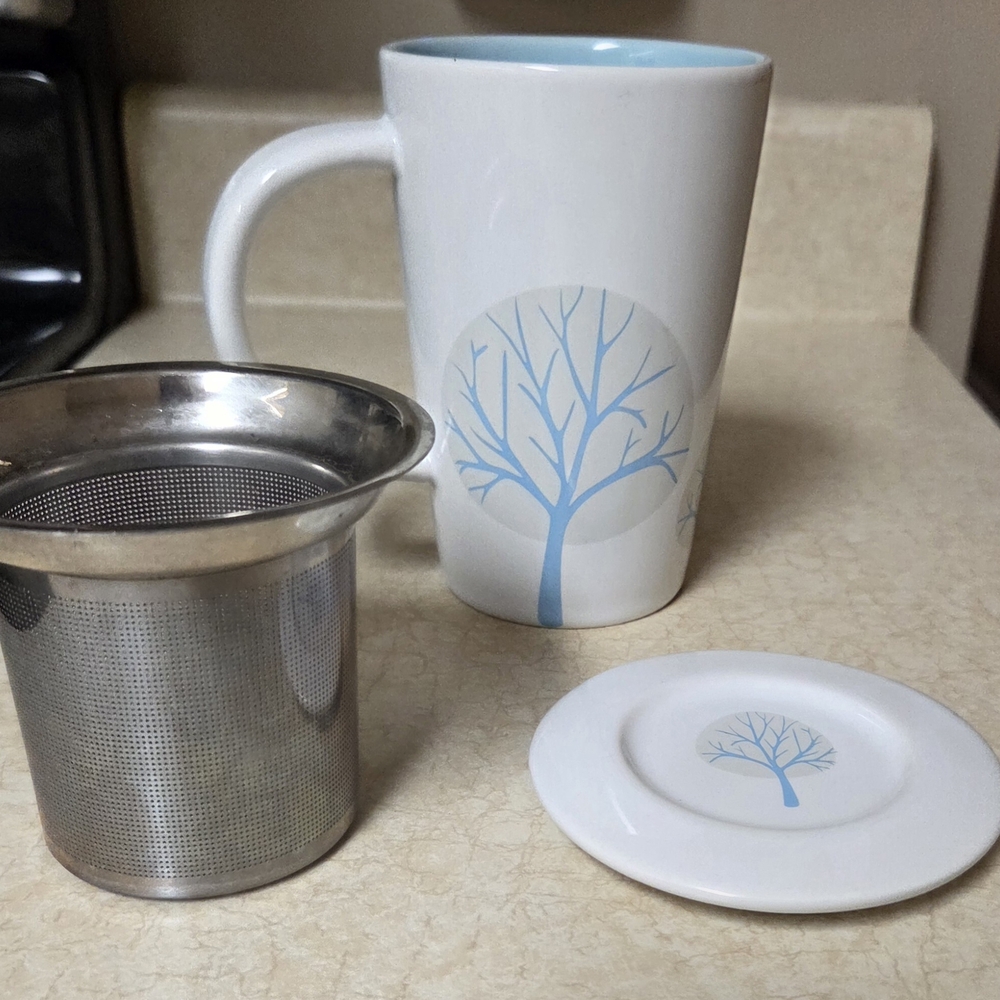 DAVIDsTEA White Perfect Mug With Blue Trees.